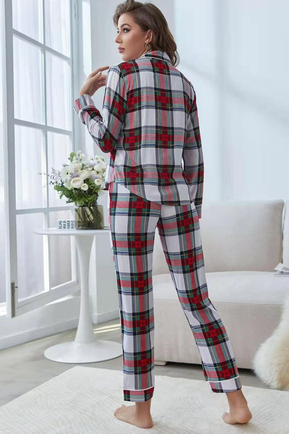 Plaid Button Front Top and Pants Lounge Set - Fashorio
