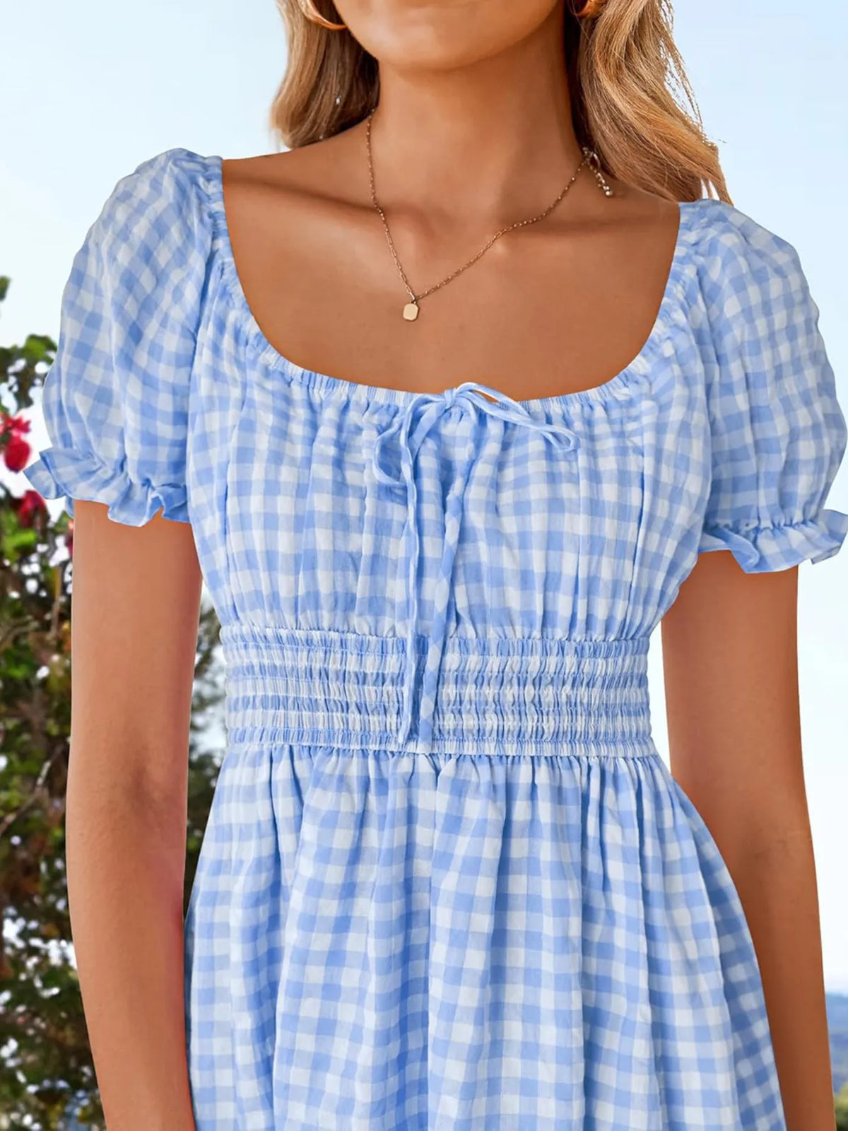Gingham Smocked Puff Sleeve Summer Dress in Yellow view 16