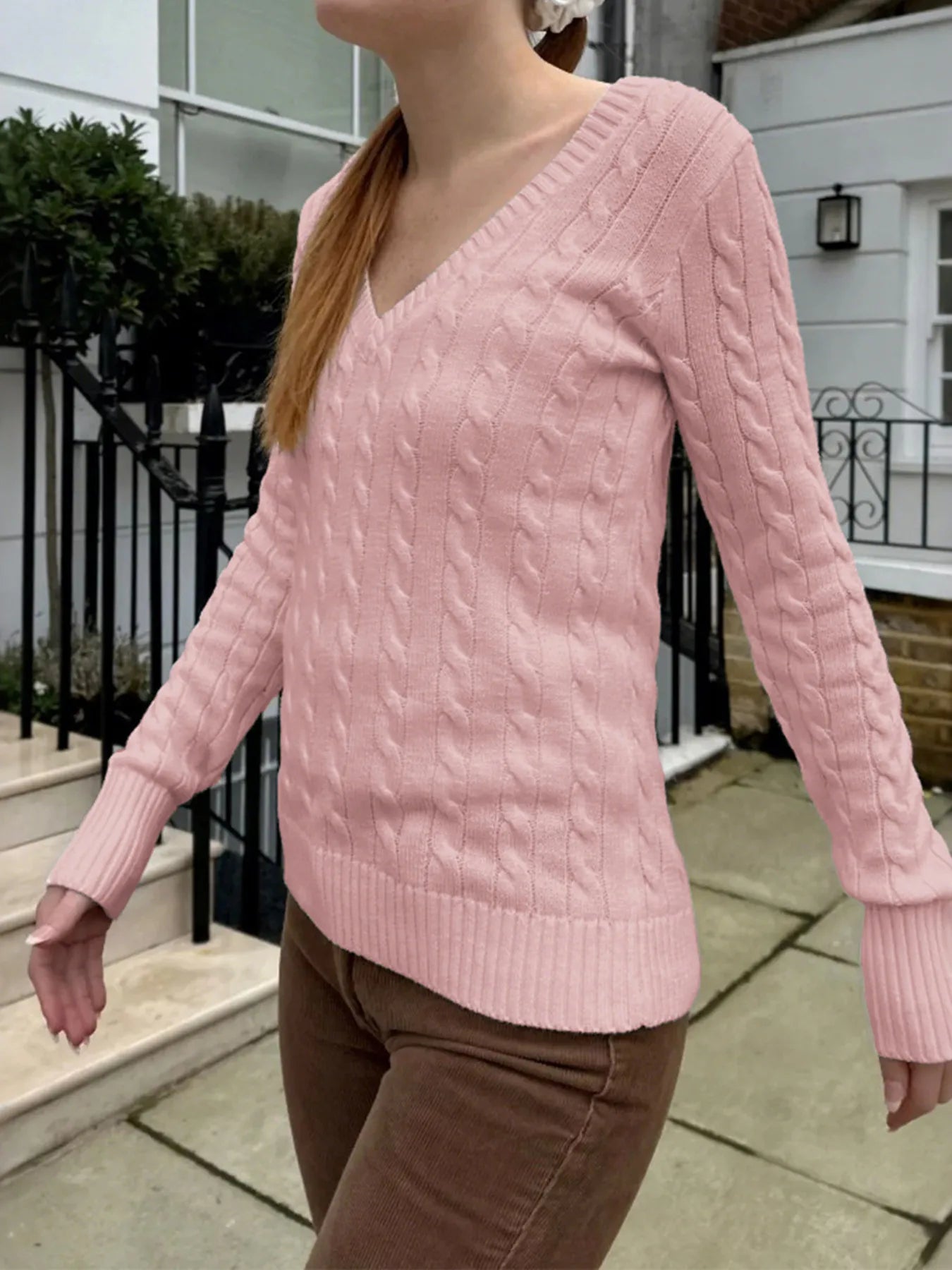 Cable Knit V-Neck Sweater - Fashorio