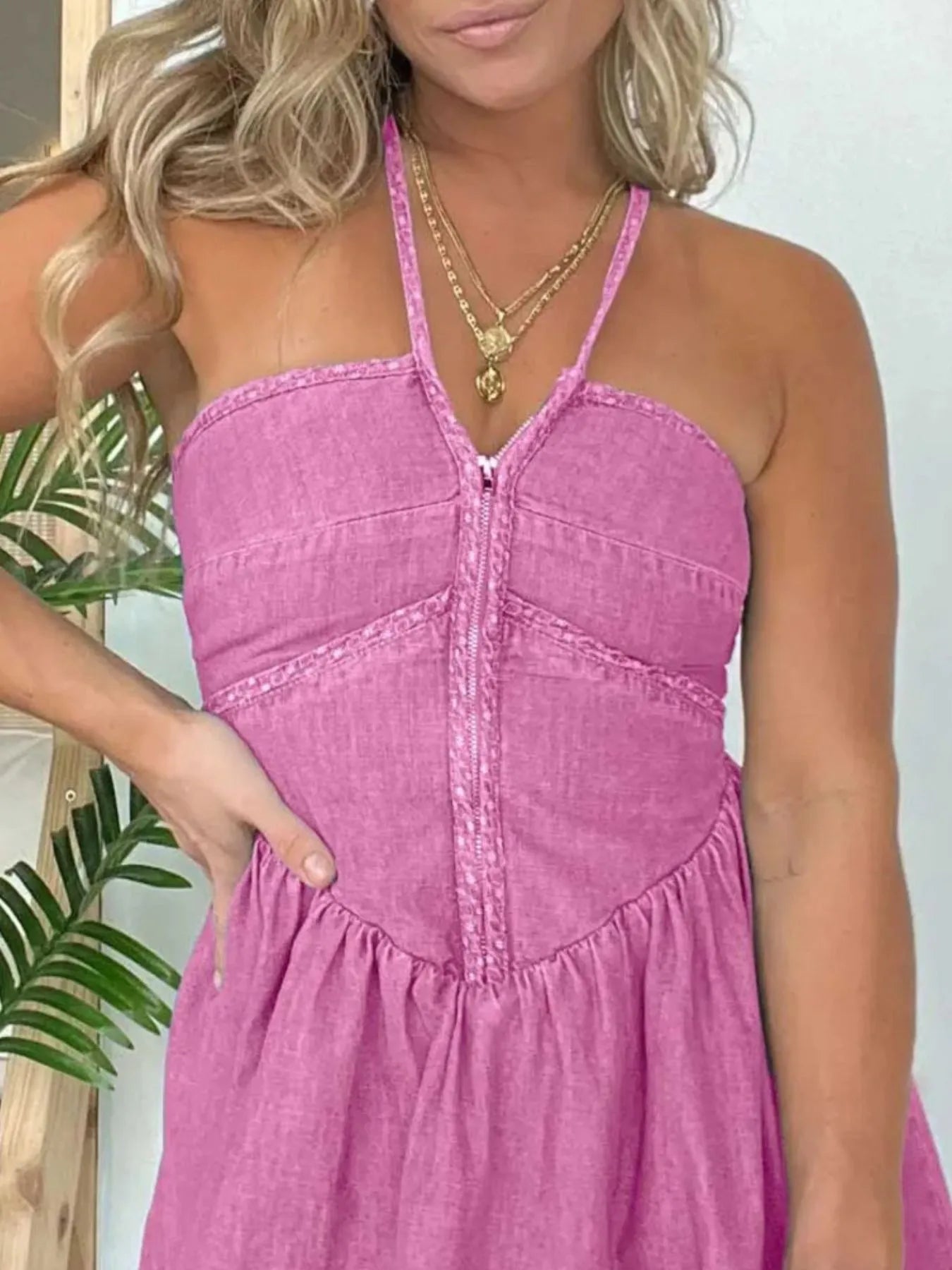 Full Size Lace Up Halter Neck Denim Dress Plus Size - Fashorio