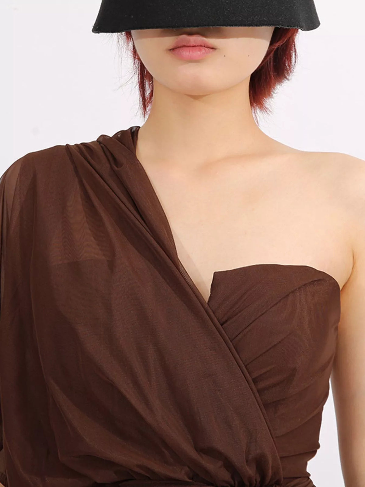 Coffee brown one shoulder flowy mesh midi dress, full length view
