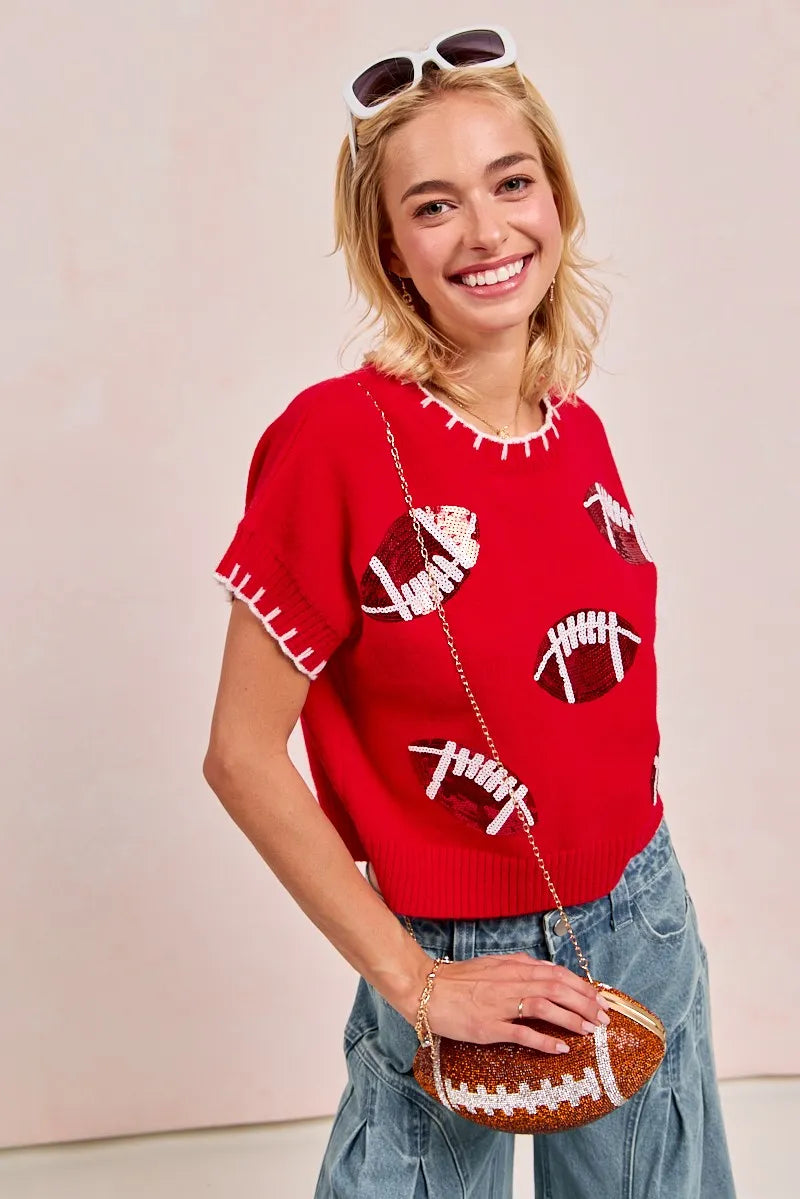 BiBi Gameday Sequin Football Embroidered Stitch Sweater - Fashorio