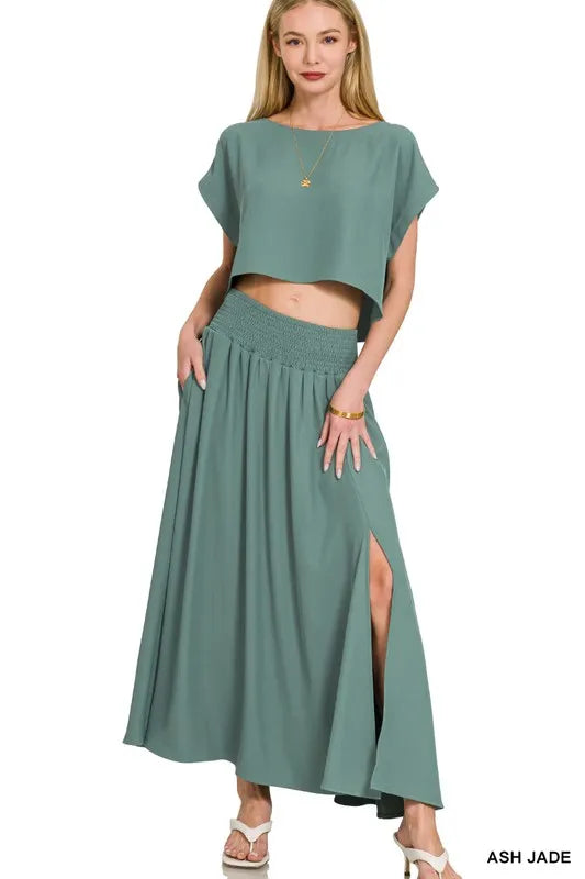 Zenana Heavy Woven Span Crop Tee & Skirt Set - Fashorio