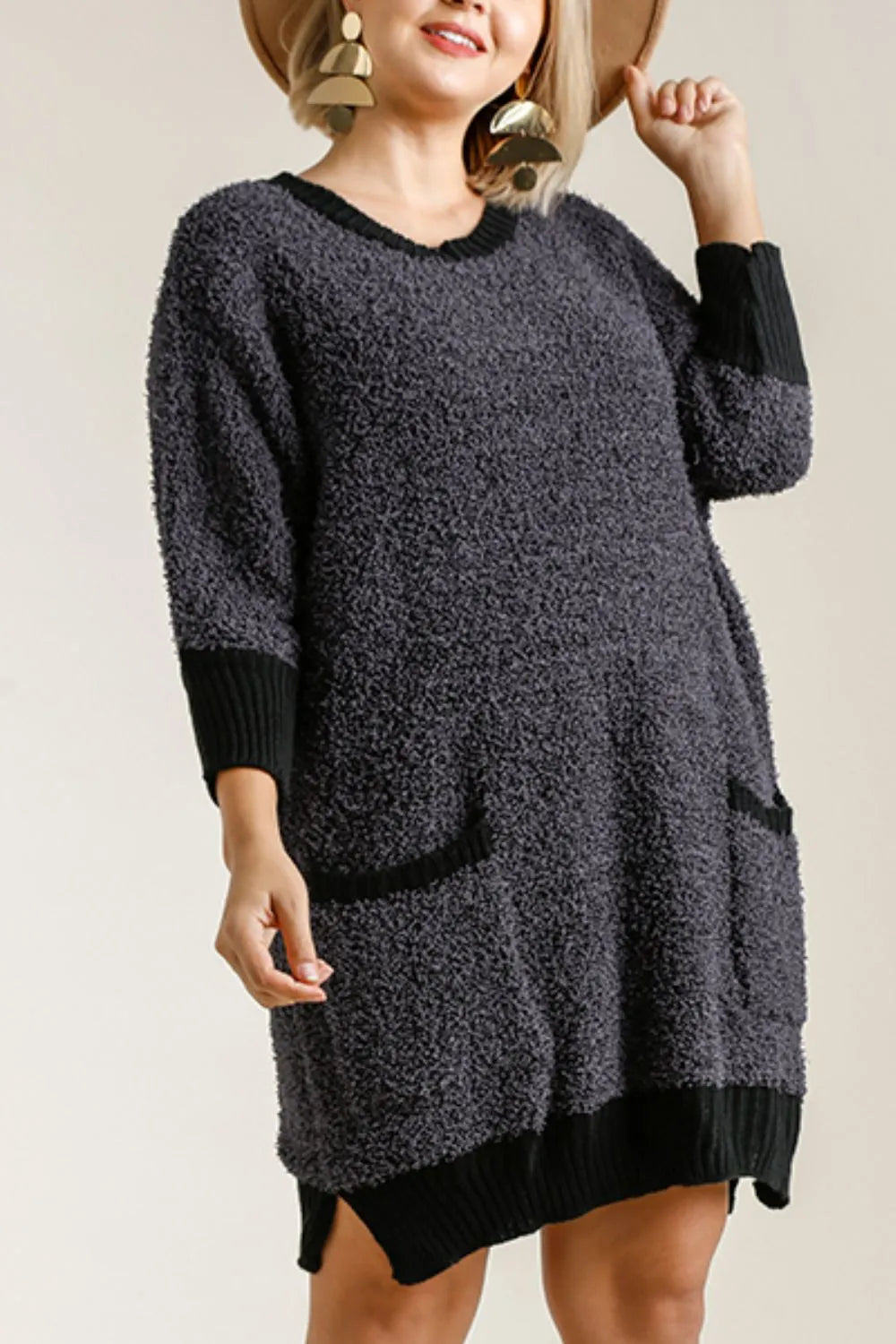 Ribbed Round Neck 3/4 Sleeve Sweater Dress with Pockets Plus Size detail