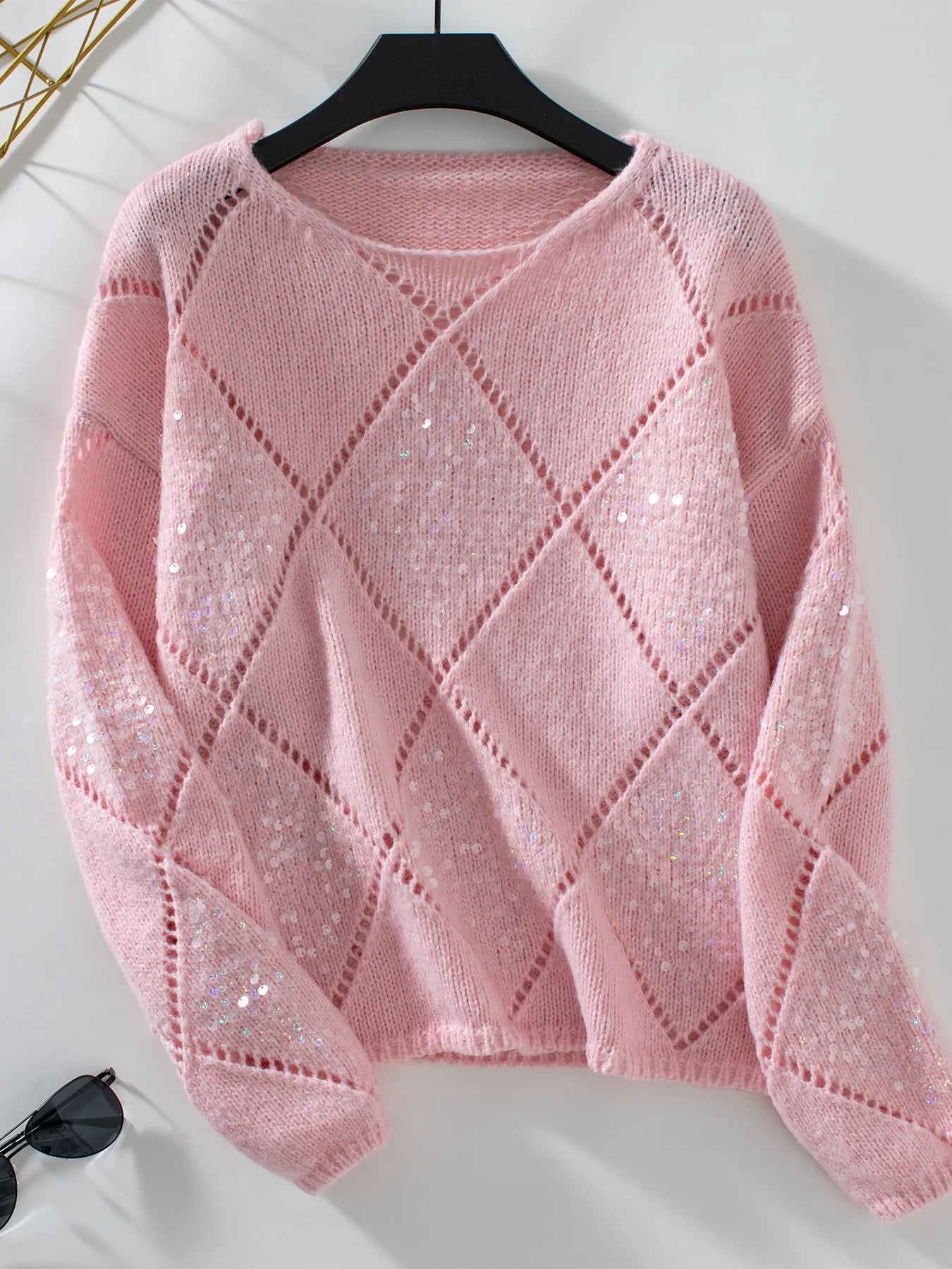 Sequin Openwork Long Sleeve Sweater Pink - Fashorio