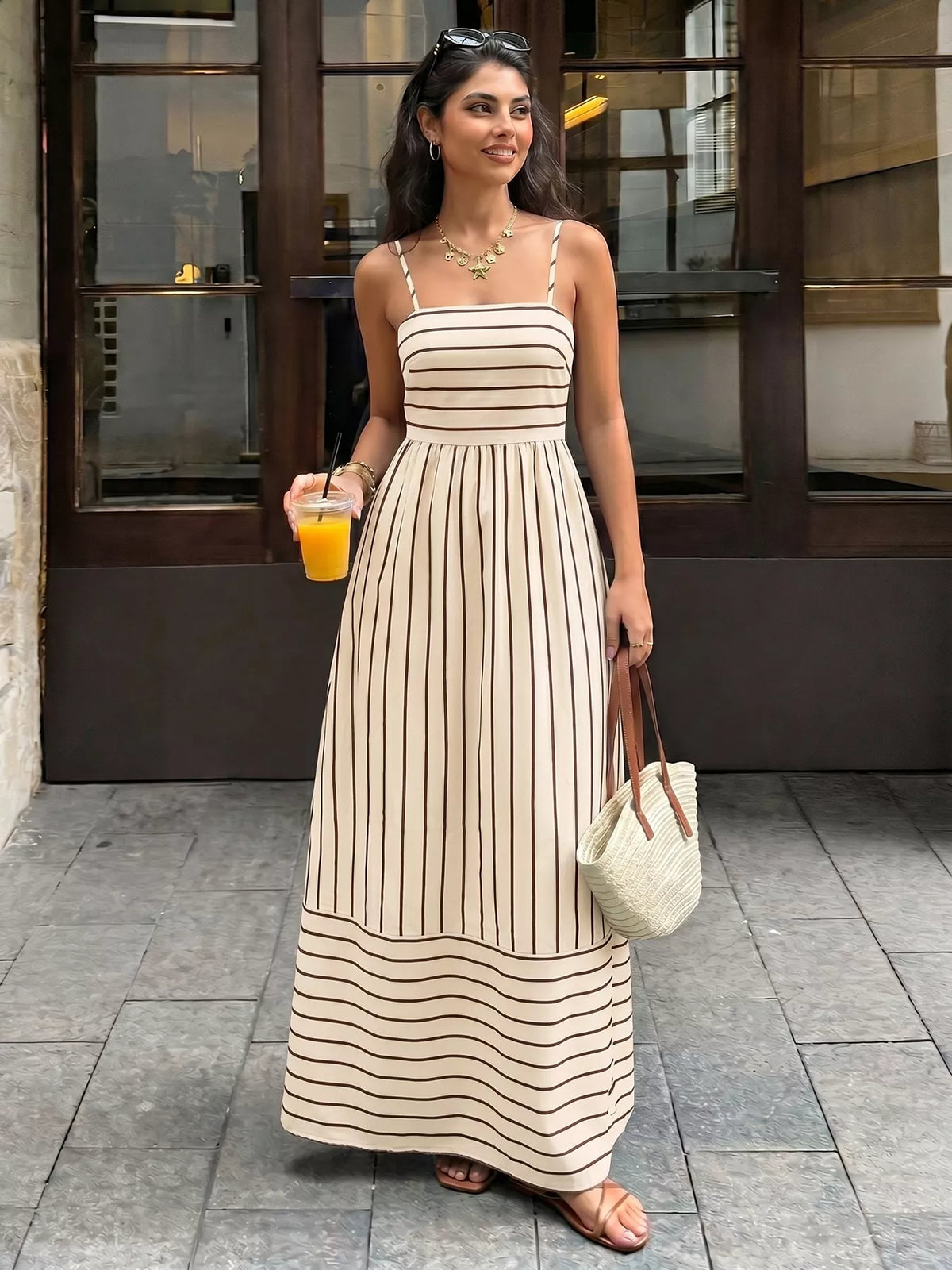 Striped maxi dress smocked waist detail
