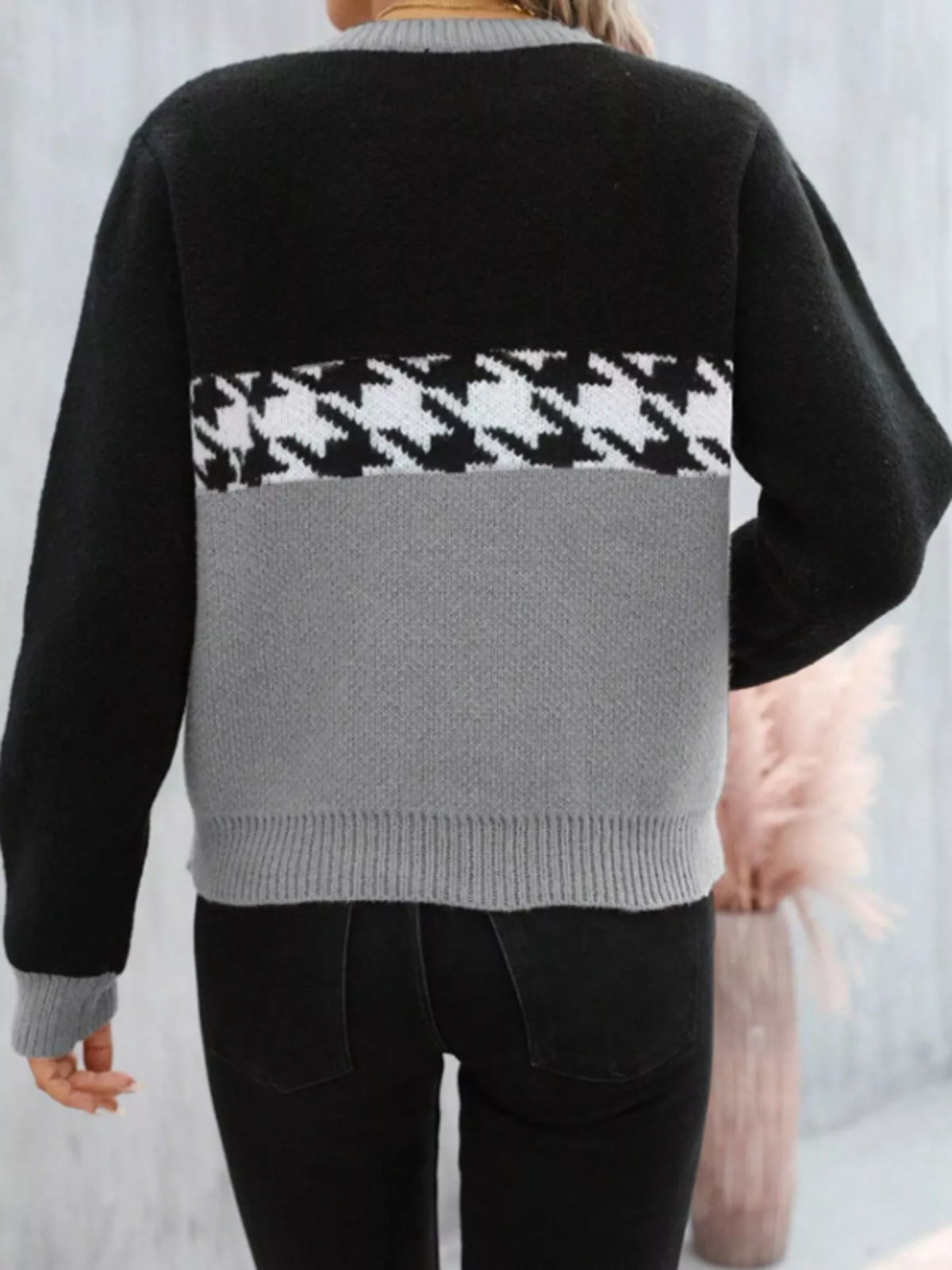 color block houndstooth sweater back view