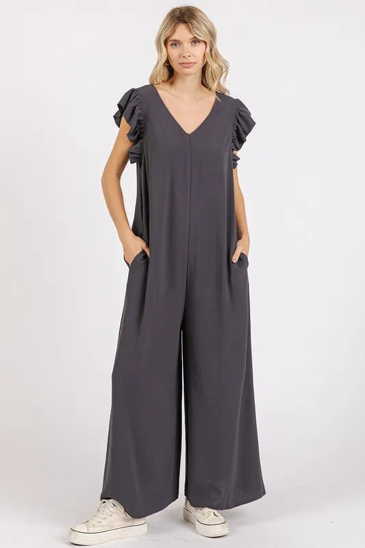 V Neck Ruffled Cap Sleeve Wide Leg Jumpsuit