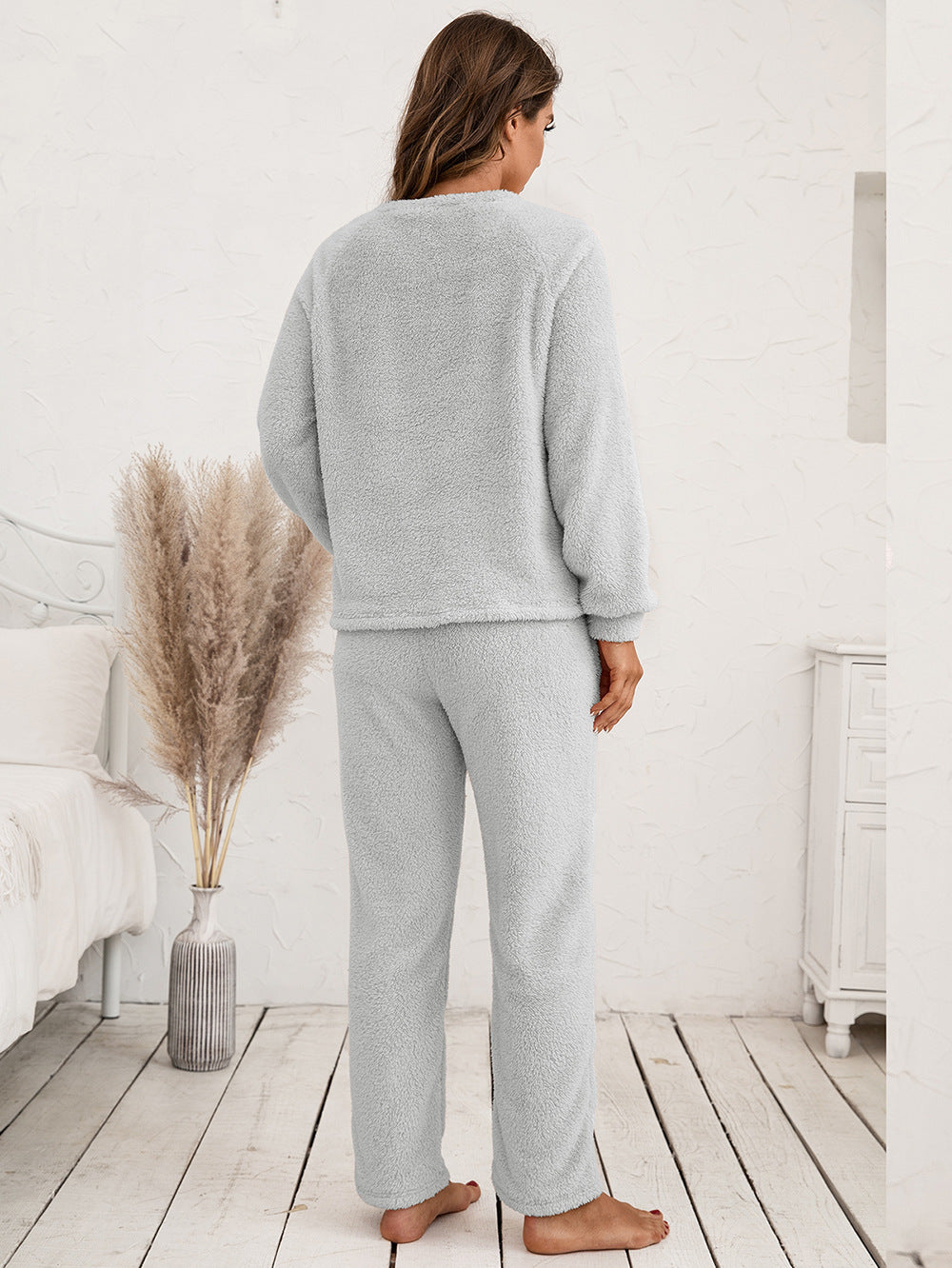 Ivy Lane Teddy Long Sleeve Top and Pants Lounge Set - Fashorio