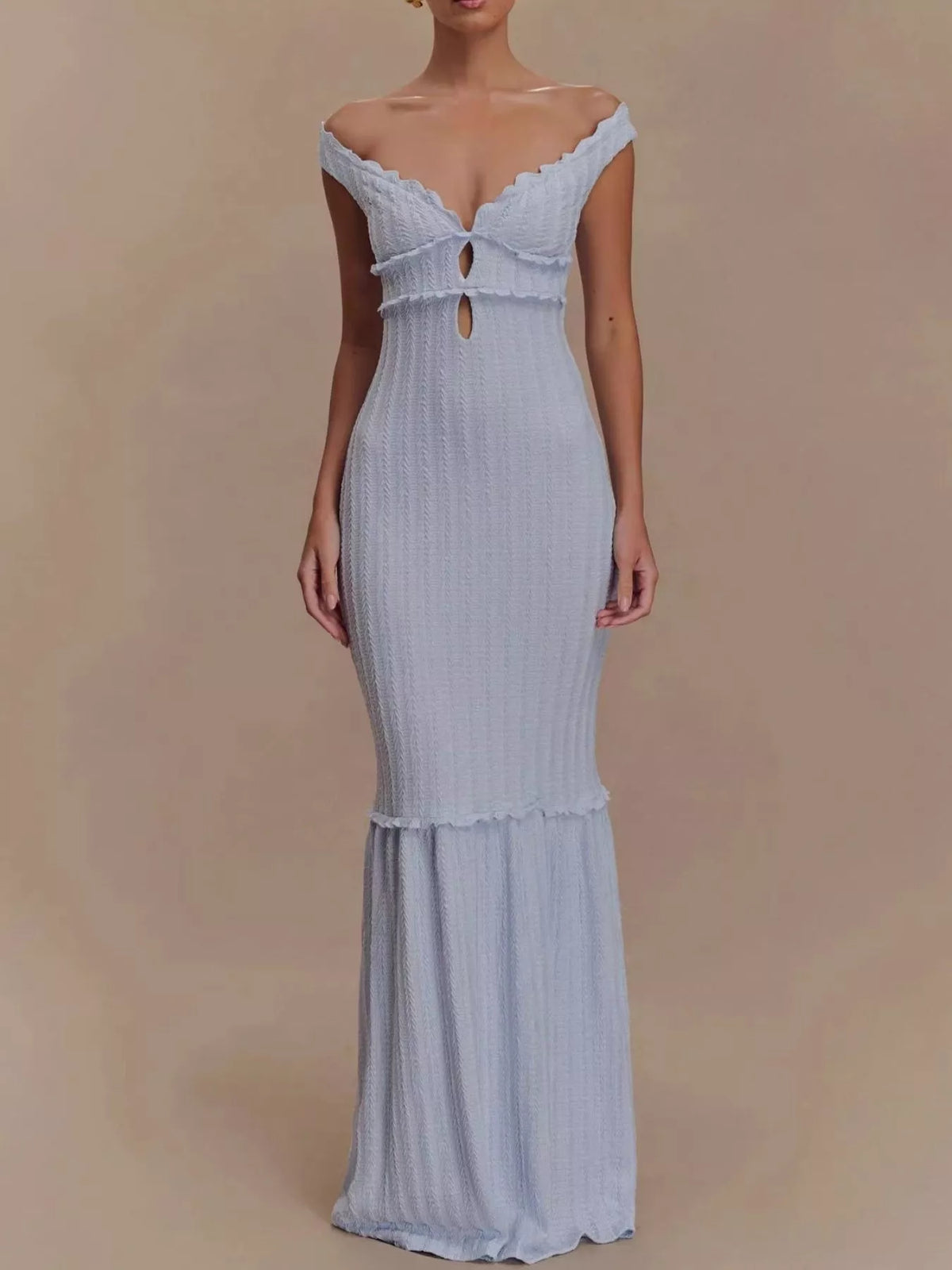Off shoulder frill neckline detail on the maxi dress