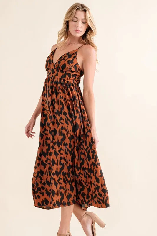 Leopard print plunge maxi dress in brown side view