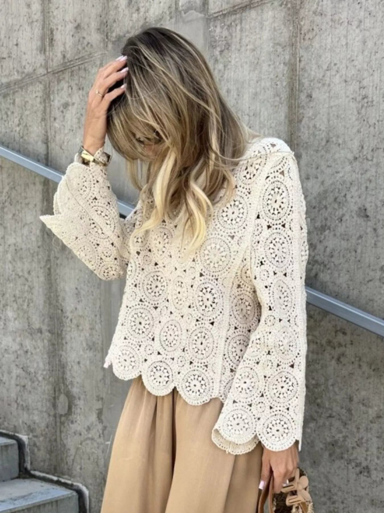 Crochet Lace V-Neck Bell Sleeve Knit Top - Fashorio