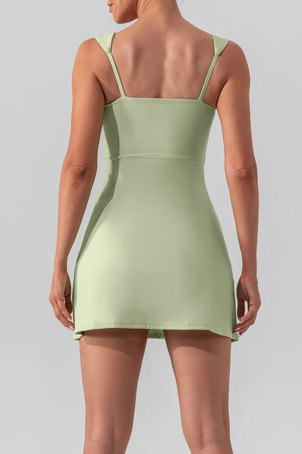Square Neck Sleeveless Slit Mini Active Dress on model
