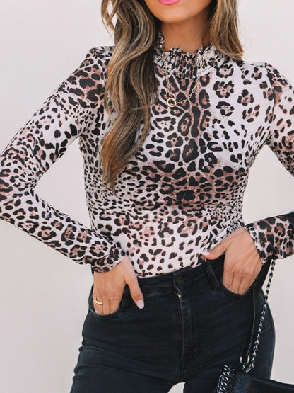 Leopard Print Long Sleeve Mock Neck Bodysuit - Fashorio