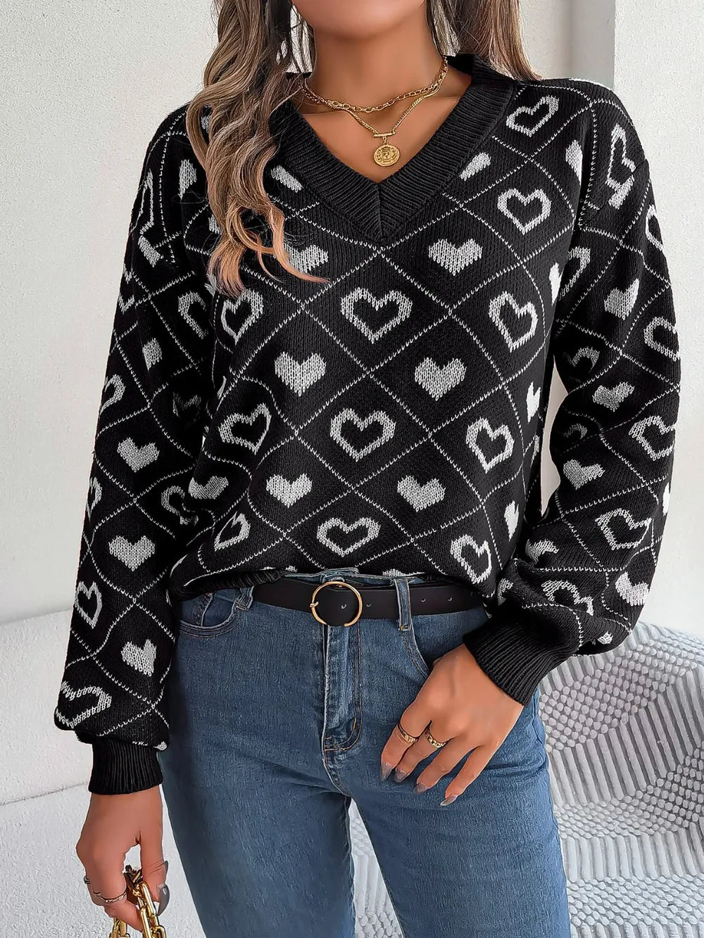 Heart Pattern V-Neck Long Sleeve Sweater - Fashorio