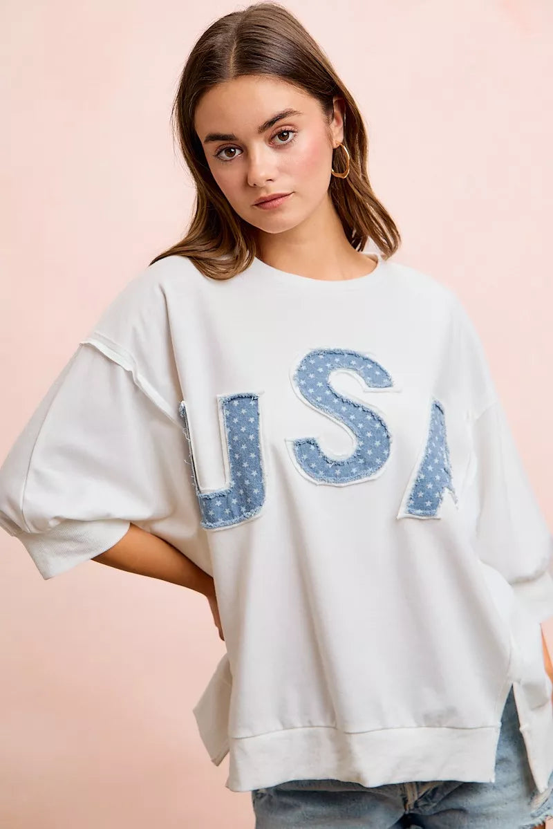 Ivory BiBi USA letter patchwork French terry top side view