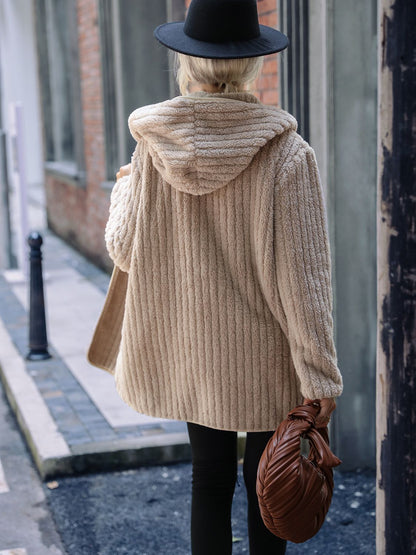 Open Front Ribbed Hooded Coat - Fashorio