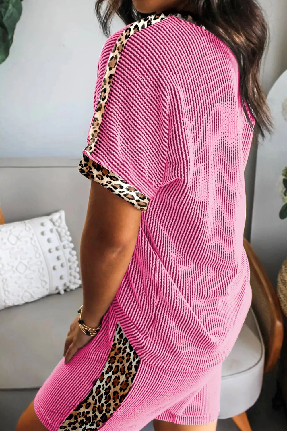 Ribbed two piece set with leopard trim side view