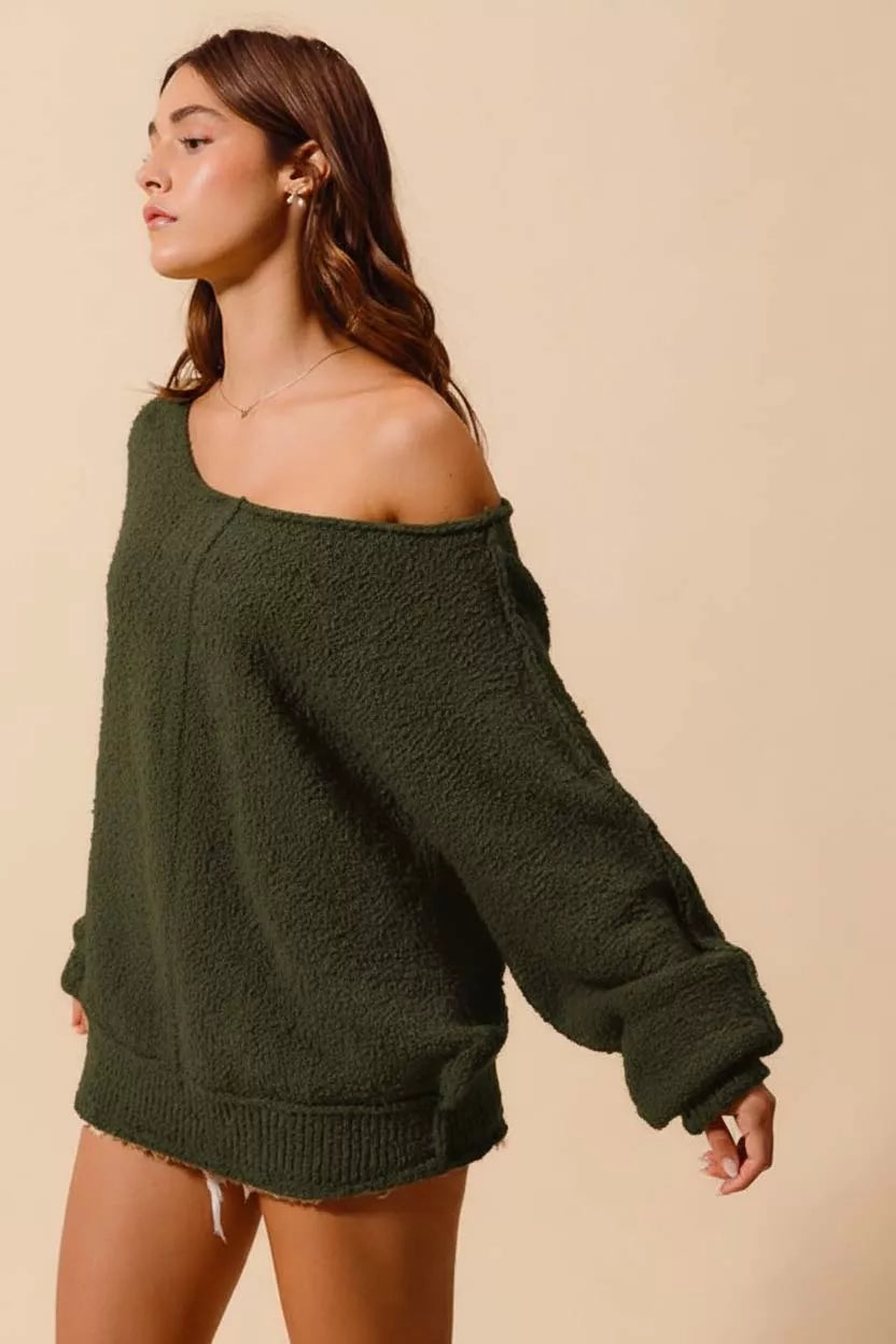 Slouchy Boucle Exposed Seam Sweater in Olive back view