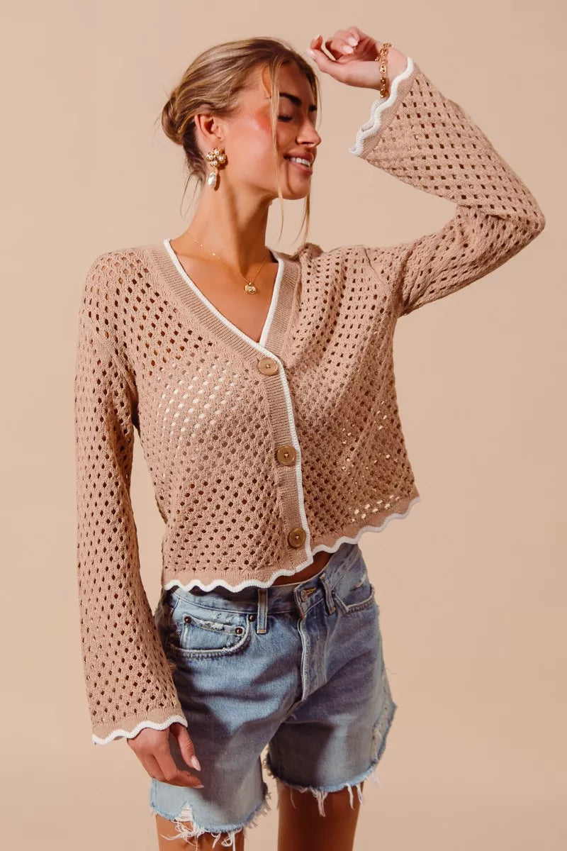 Open knit scallop cardigan back view