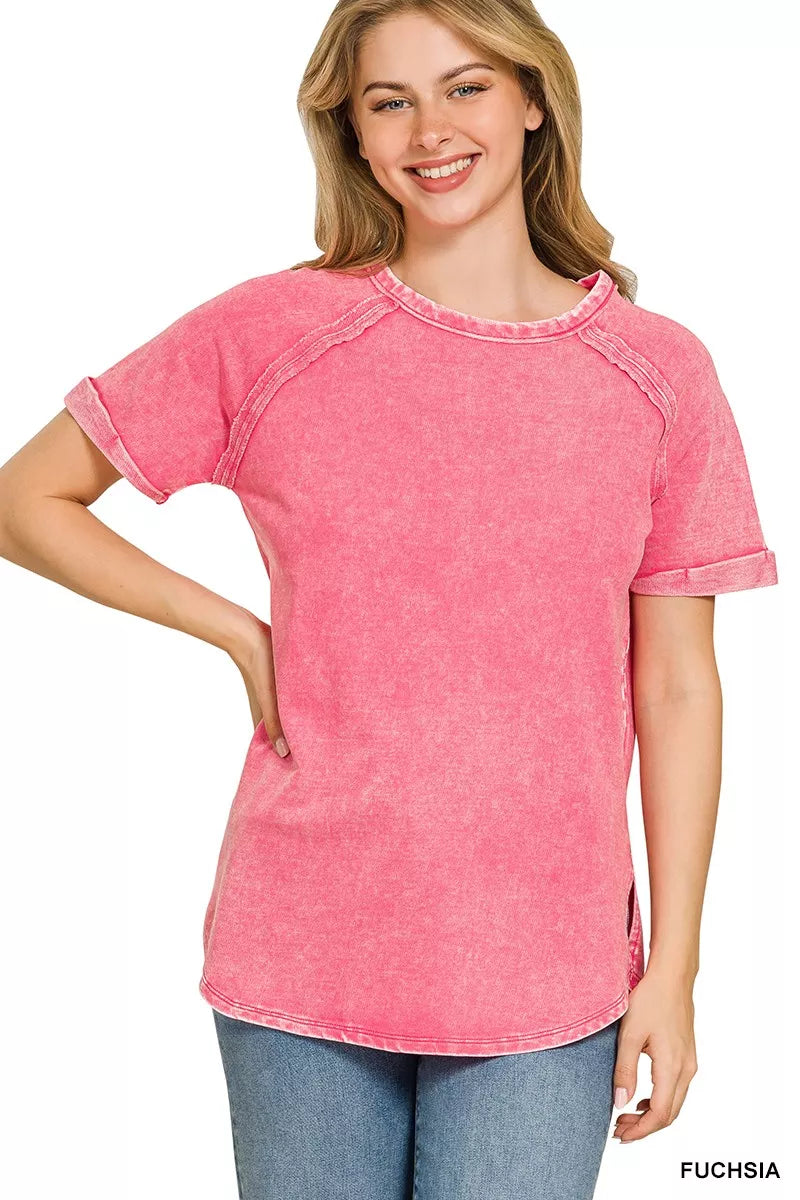 Fuchsia Zenana french terry curved hem top front view