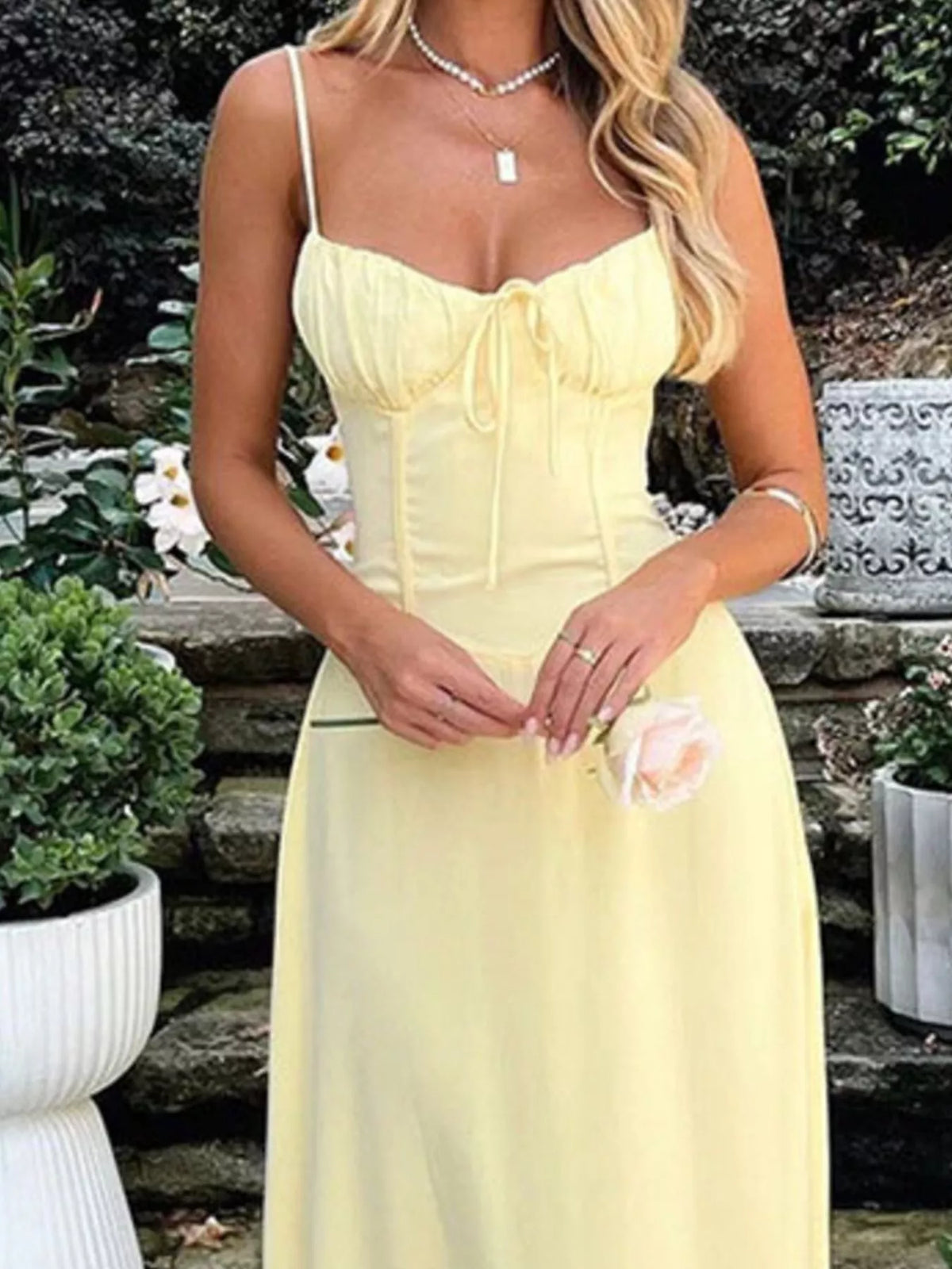 tie front spaghetti strap maxi dress back view