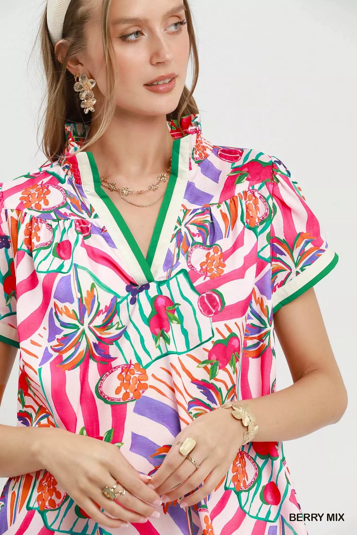 Berry tropical print collared shift dress styled view