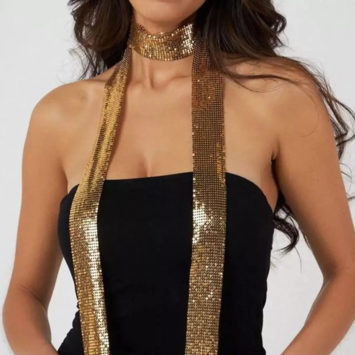 Metallic sequin scarf shown in gold finish