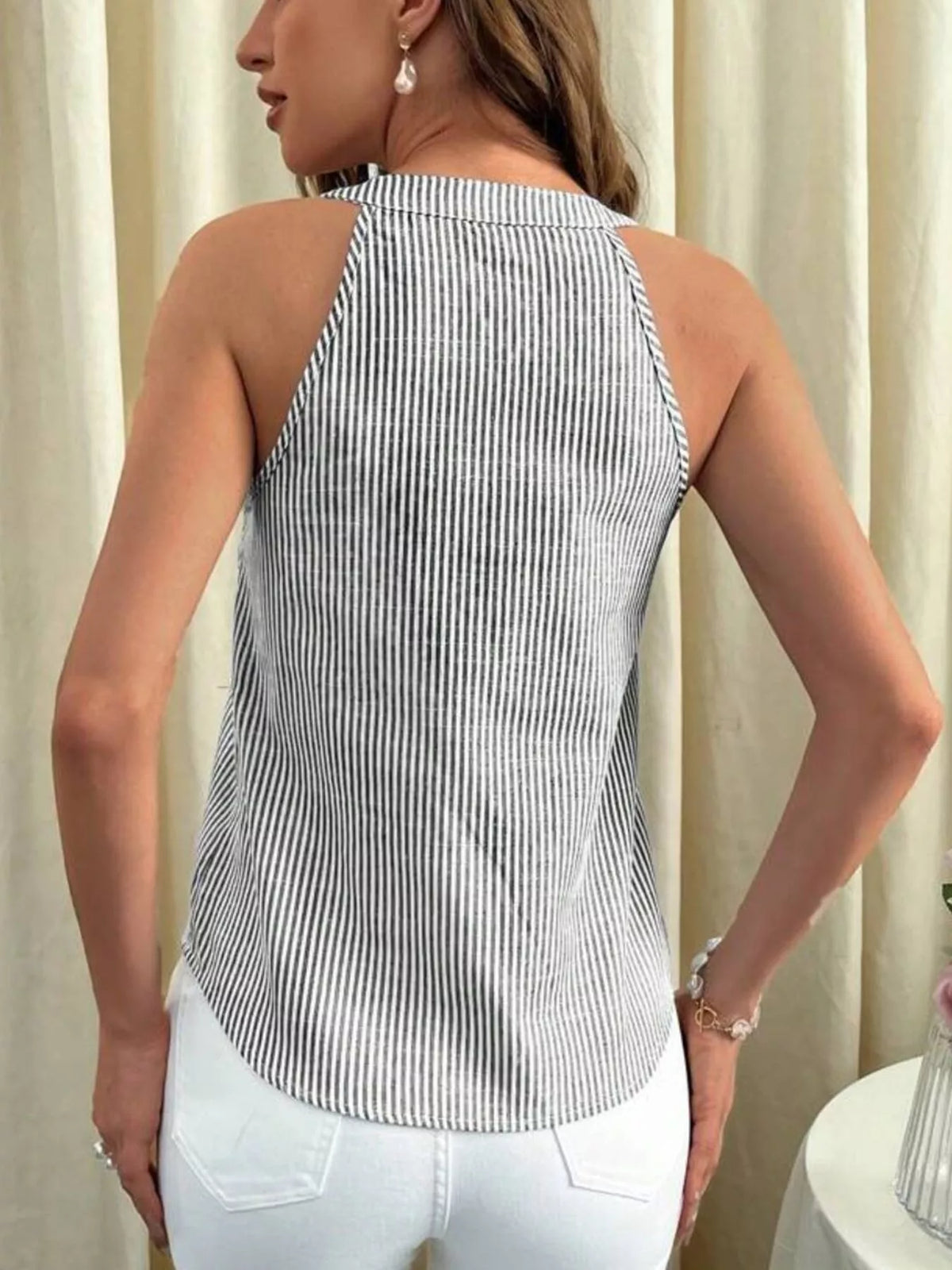 Blue striped button front tank top front view