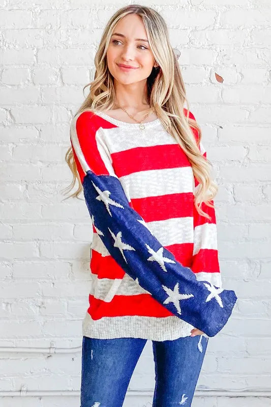 American Flag Long Sleeve Sweater in Red and Navy back view