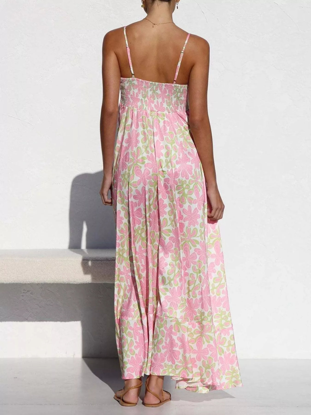 printed spaghetti strap maxi dress front view