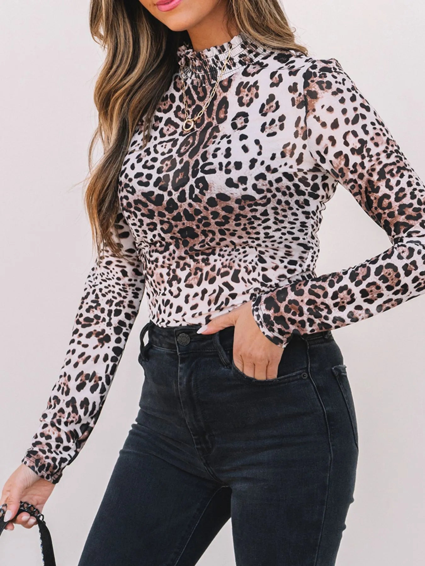Leopard Print Long Sleeve Mock Neck Bodysuit - Fashorio