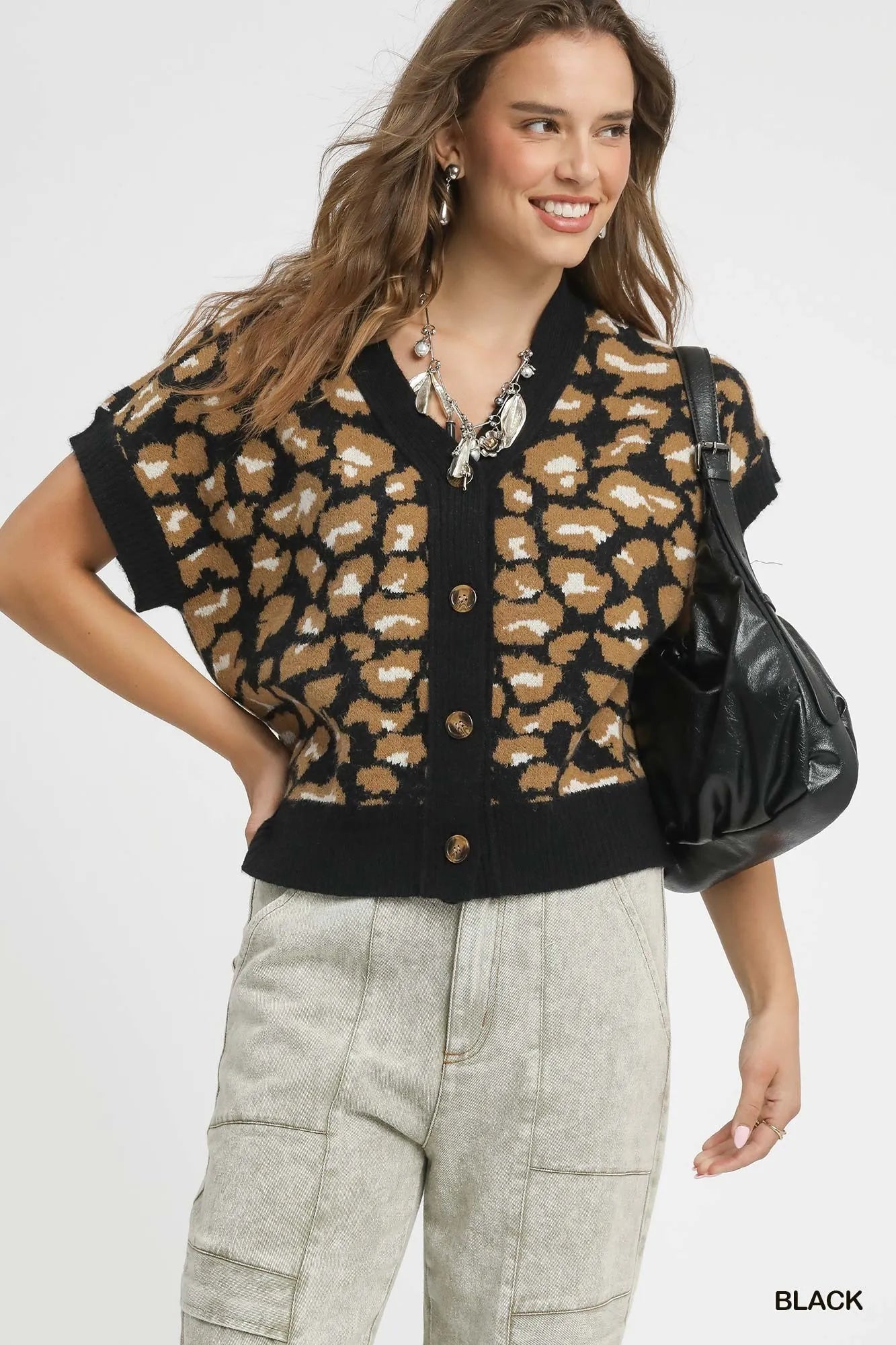 Umgee Leopard Button Down Short Sleeve Cardigan Black - Fashorio