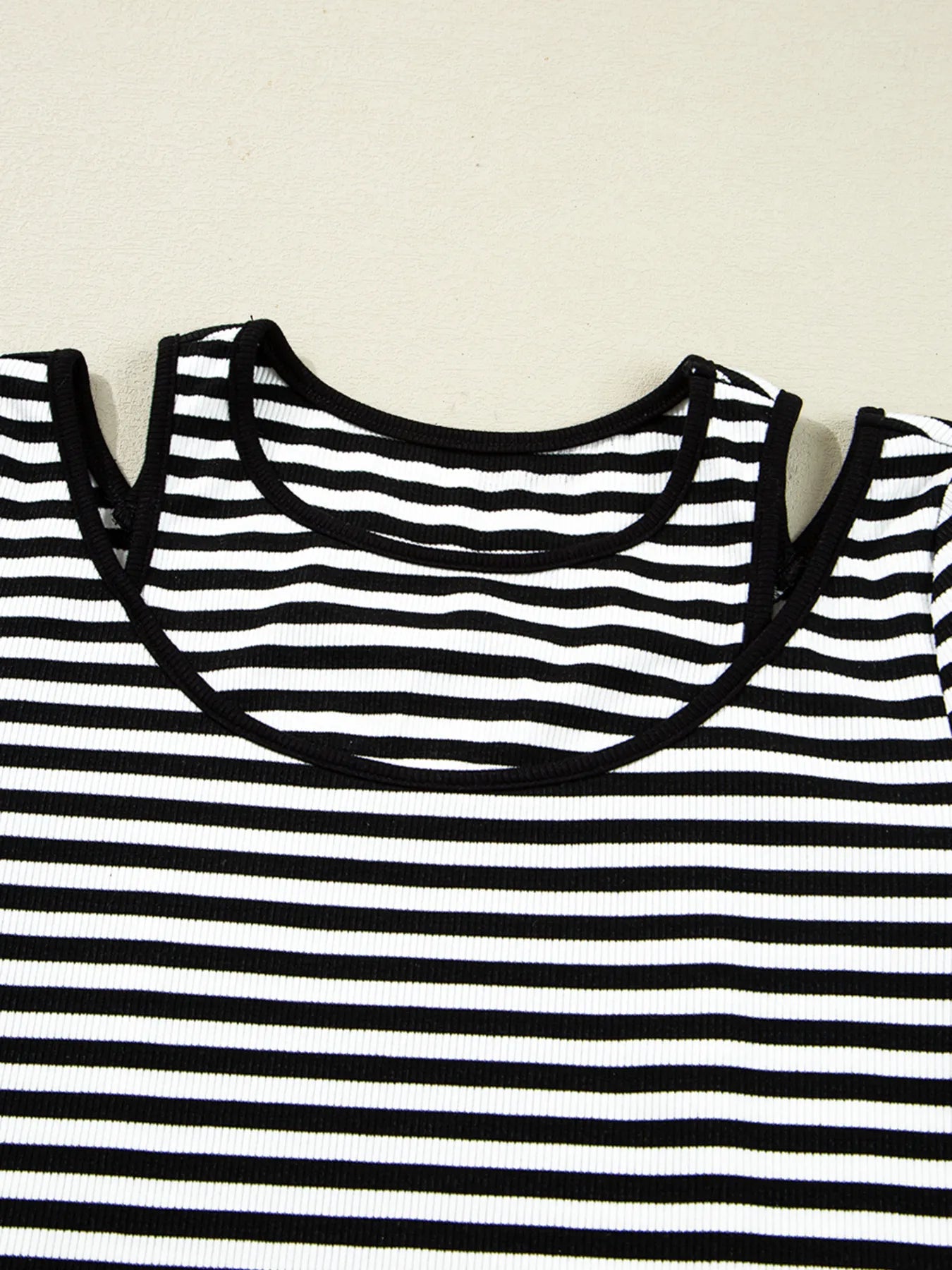 Stripe Double-layer Cold Shoulder Long Sleeve Top - Fashorio