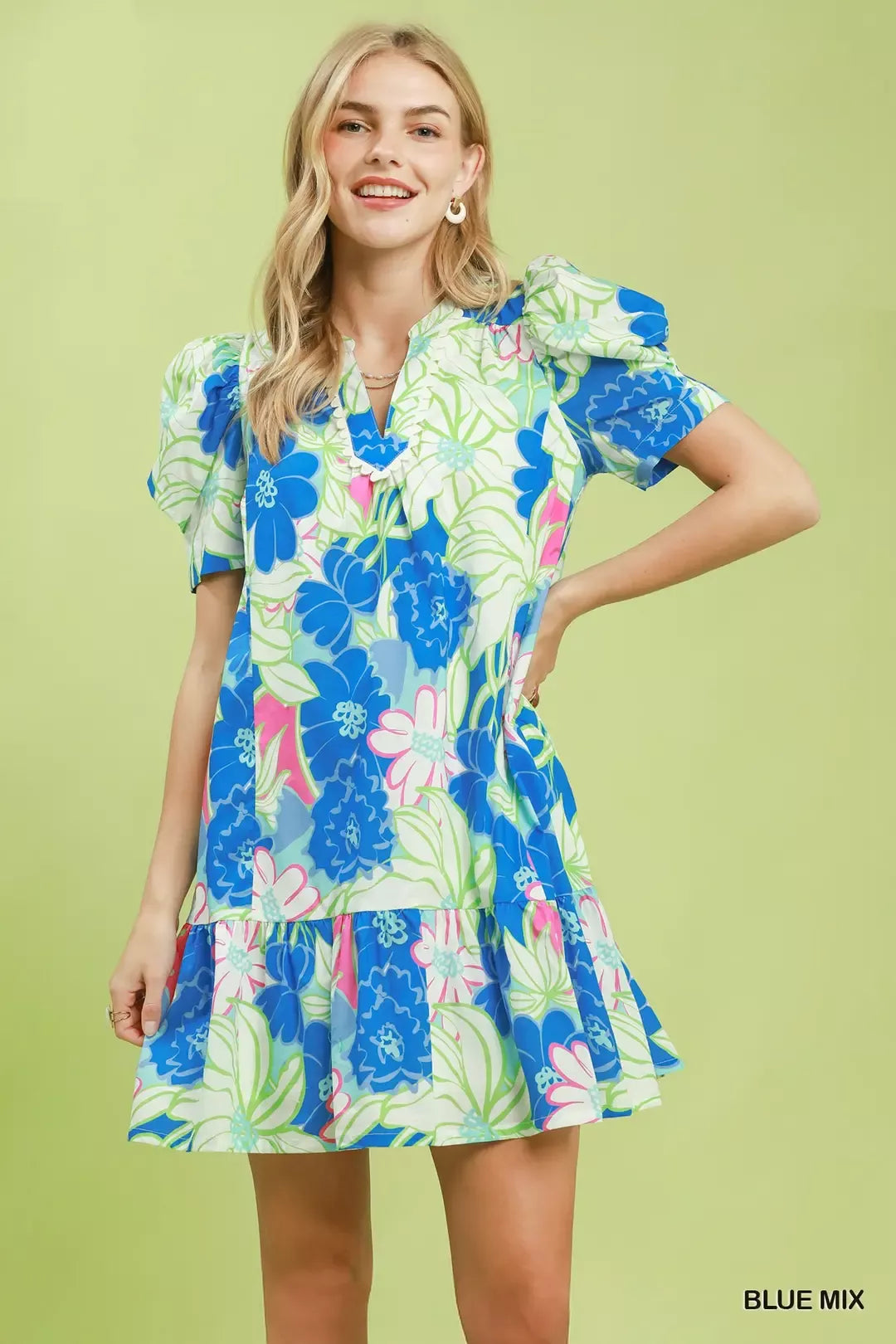 Umgee floral puff sleeve tiered mini dress in blue front view