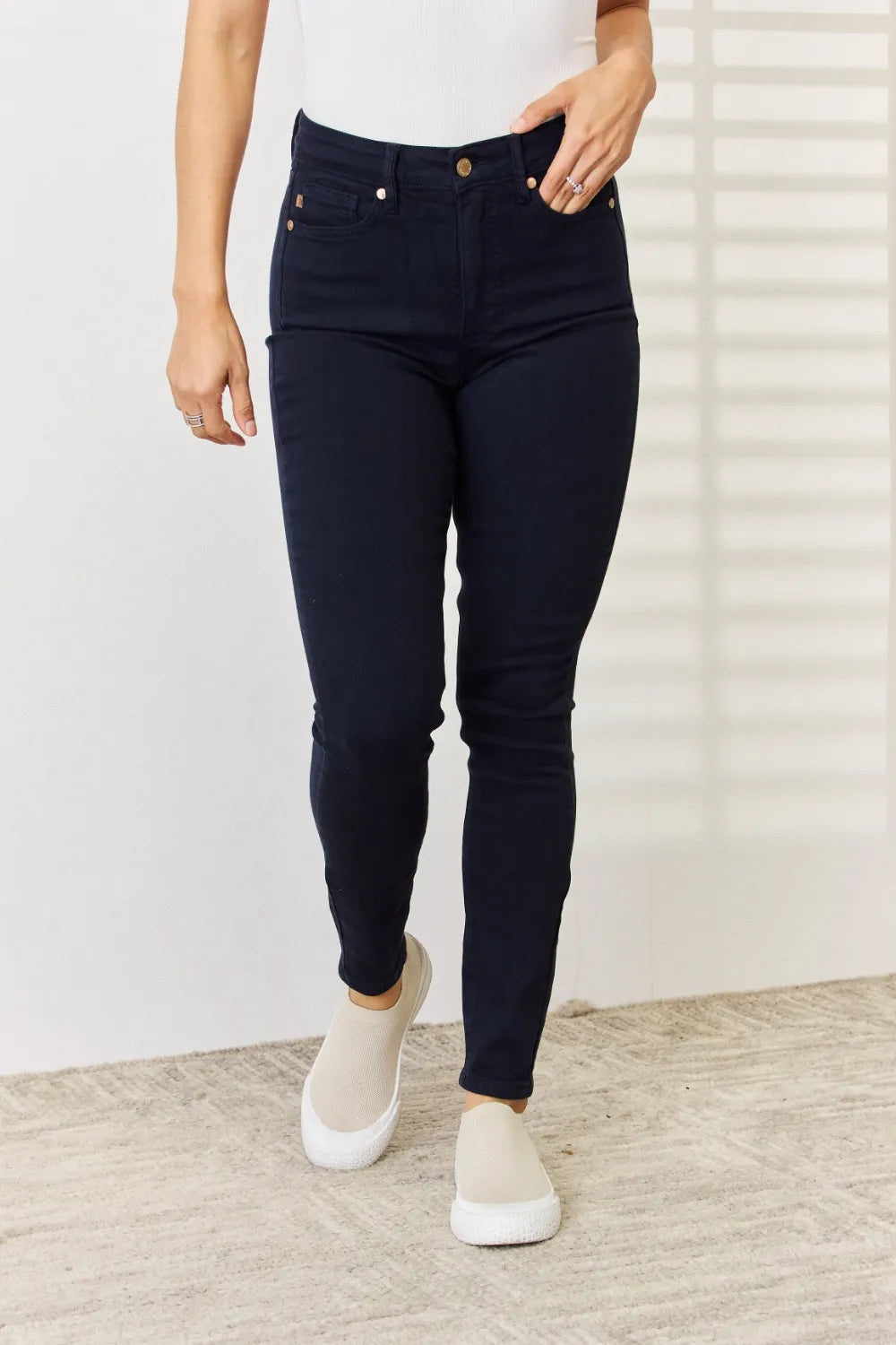 Judy Blue tummy control skinny jeans side profile