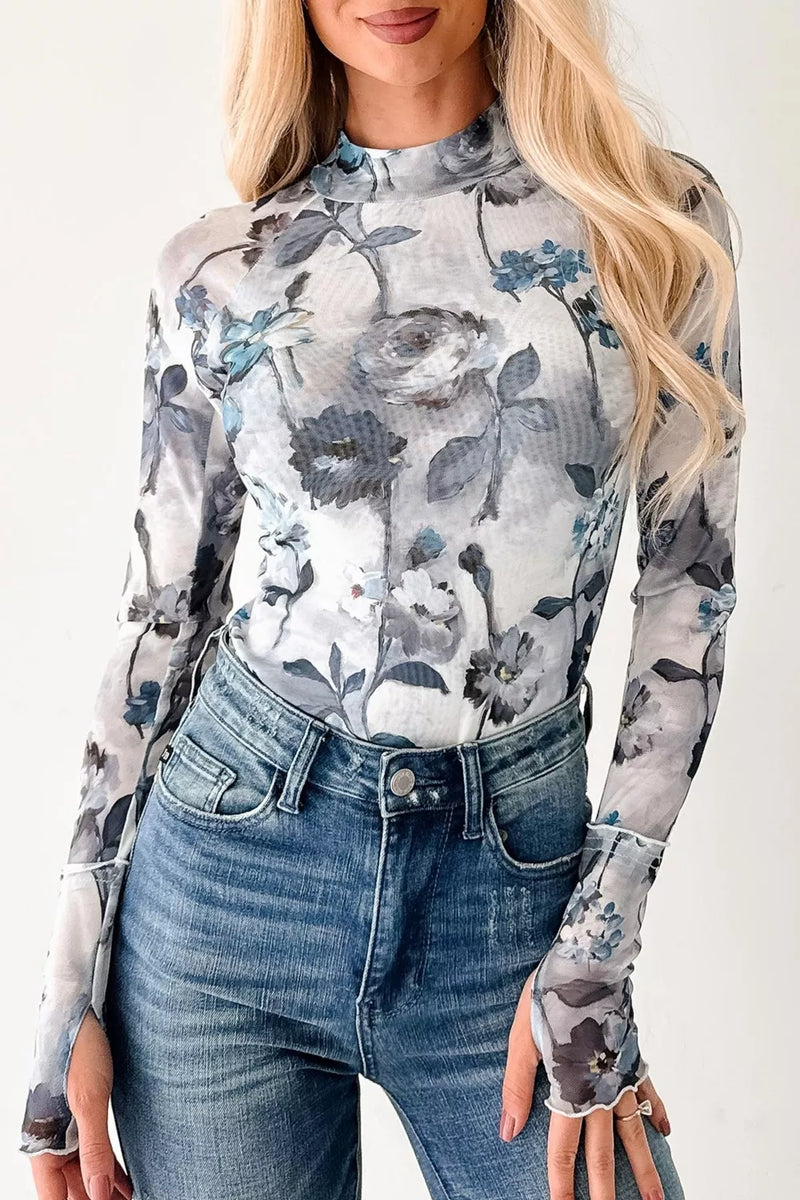 Floral mesh high neck long sleeve top in dark gray front view
