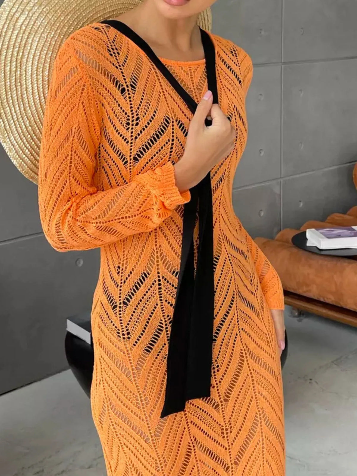 openwork knit long sleeve cover up maxi dress detail view