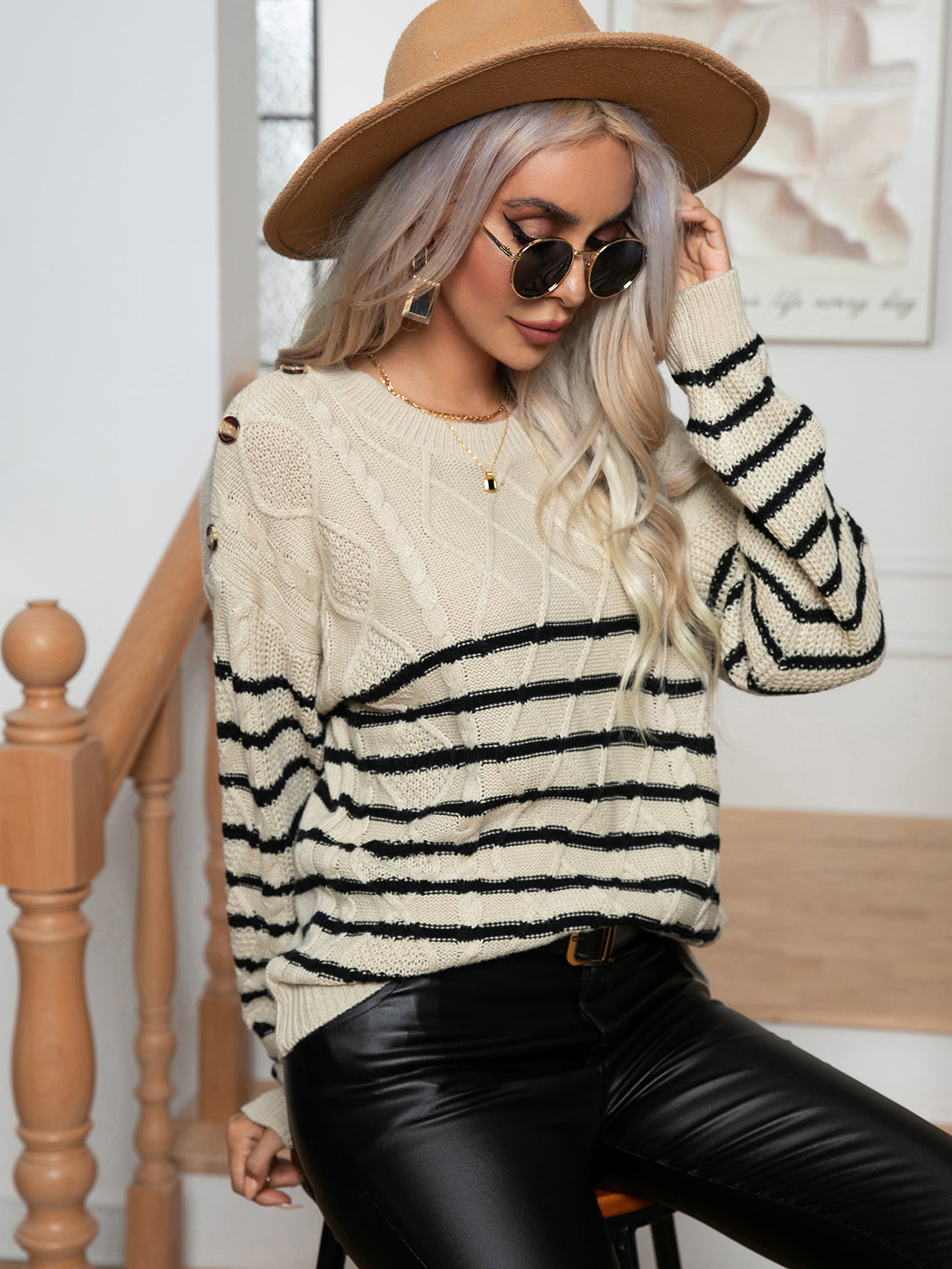 Striped Round Neck Cable-Knit Sweater - Fashorio