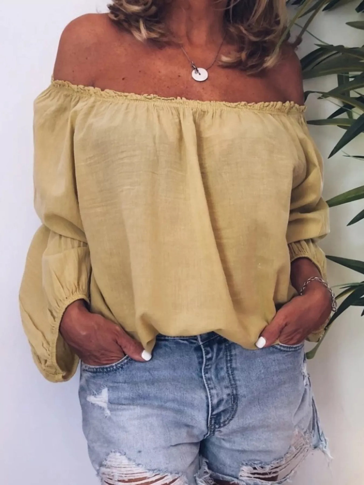off shoulder frill trim blouse back detail