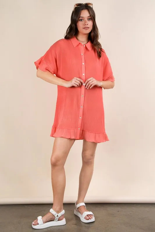 Pleated Button Down Mini Dress in Orange styled look