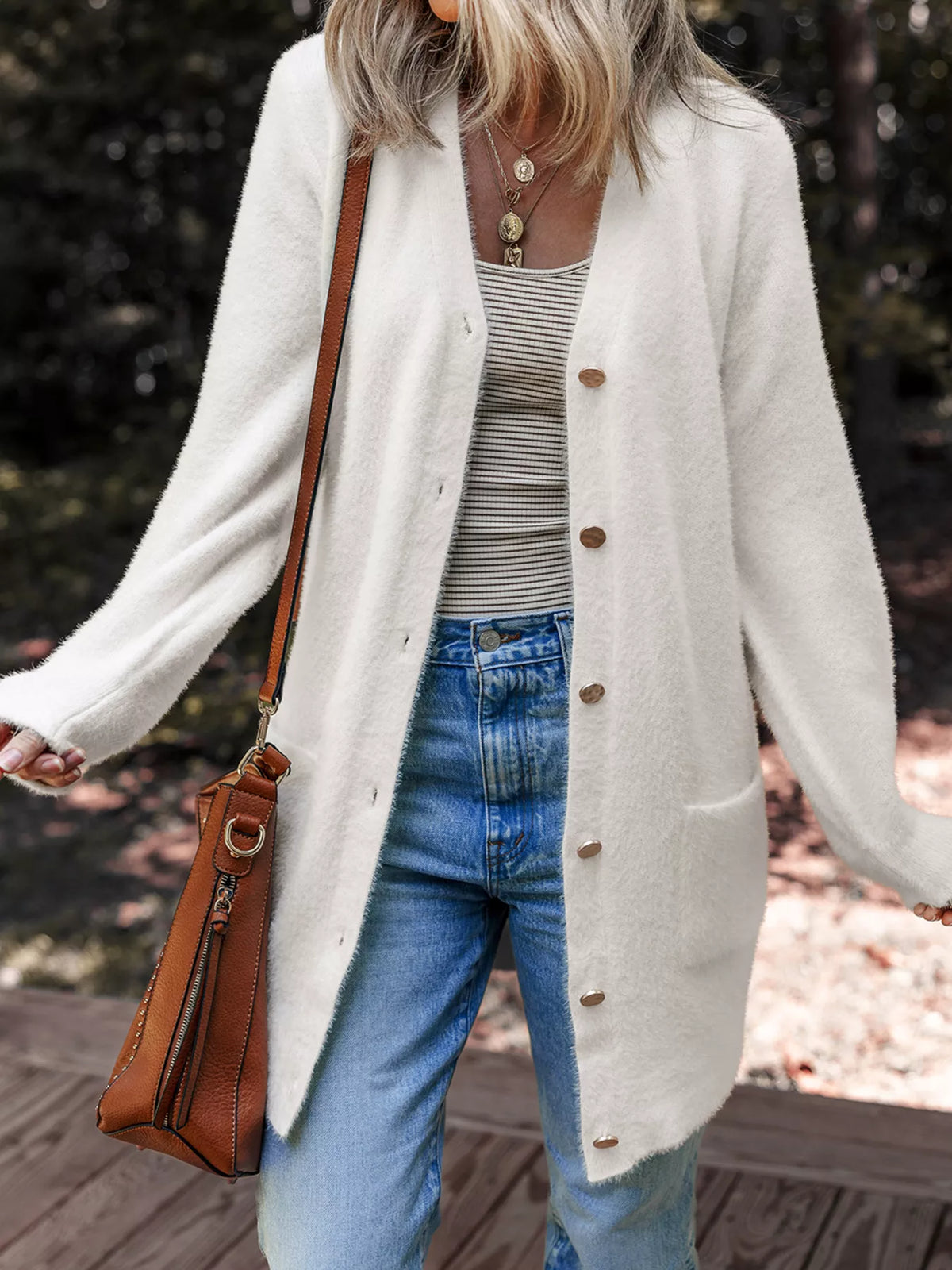 White fuzzy button front cardigan front view