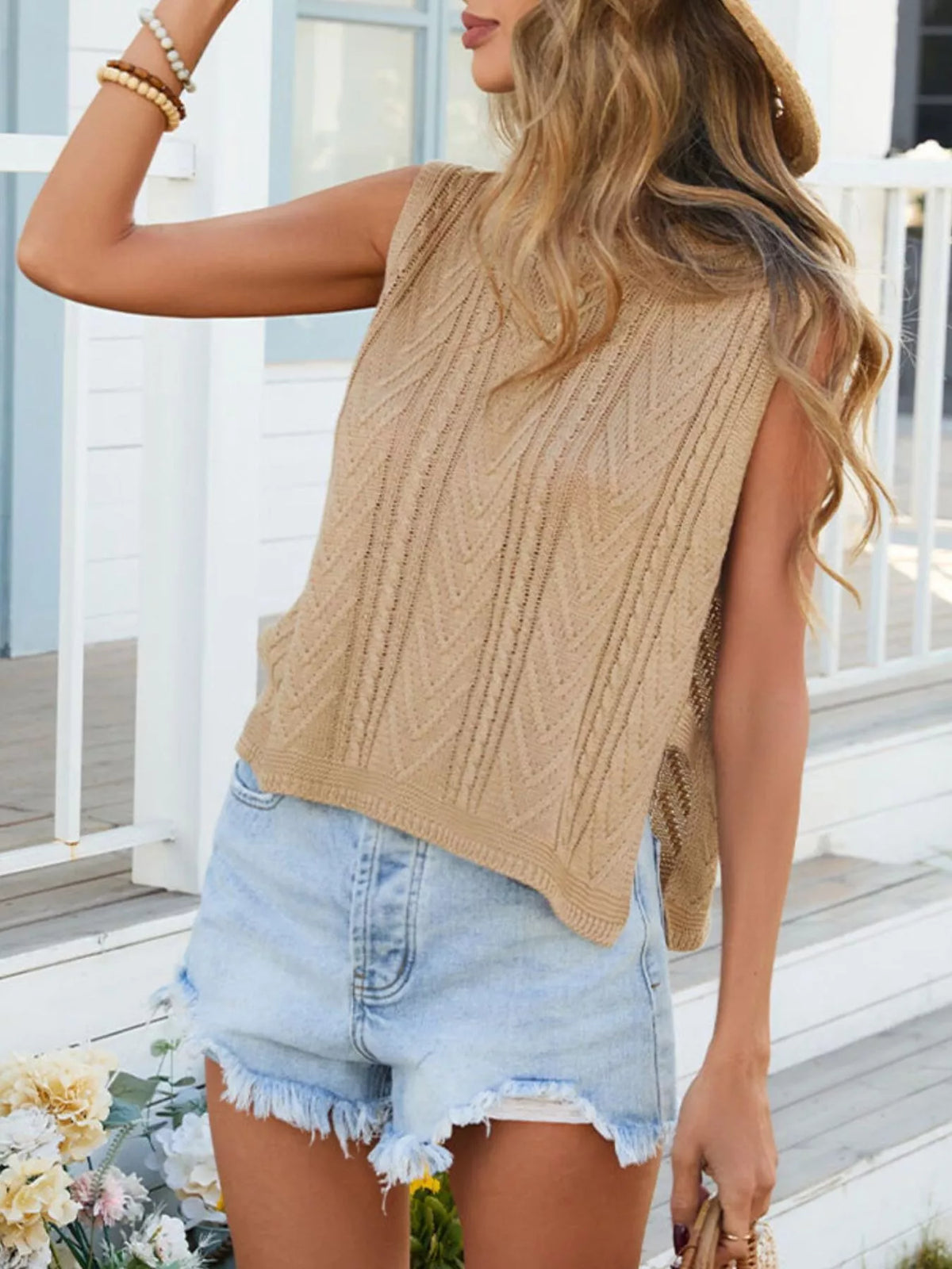 Cable knit round neck sweater vest neckline detail