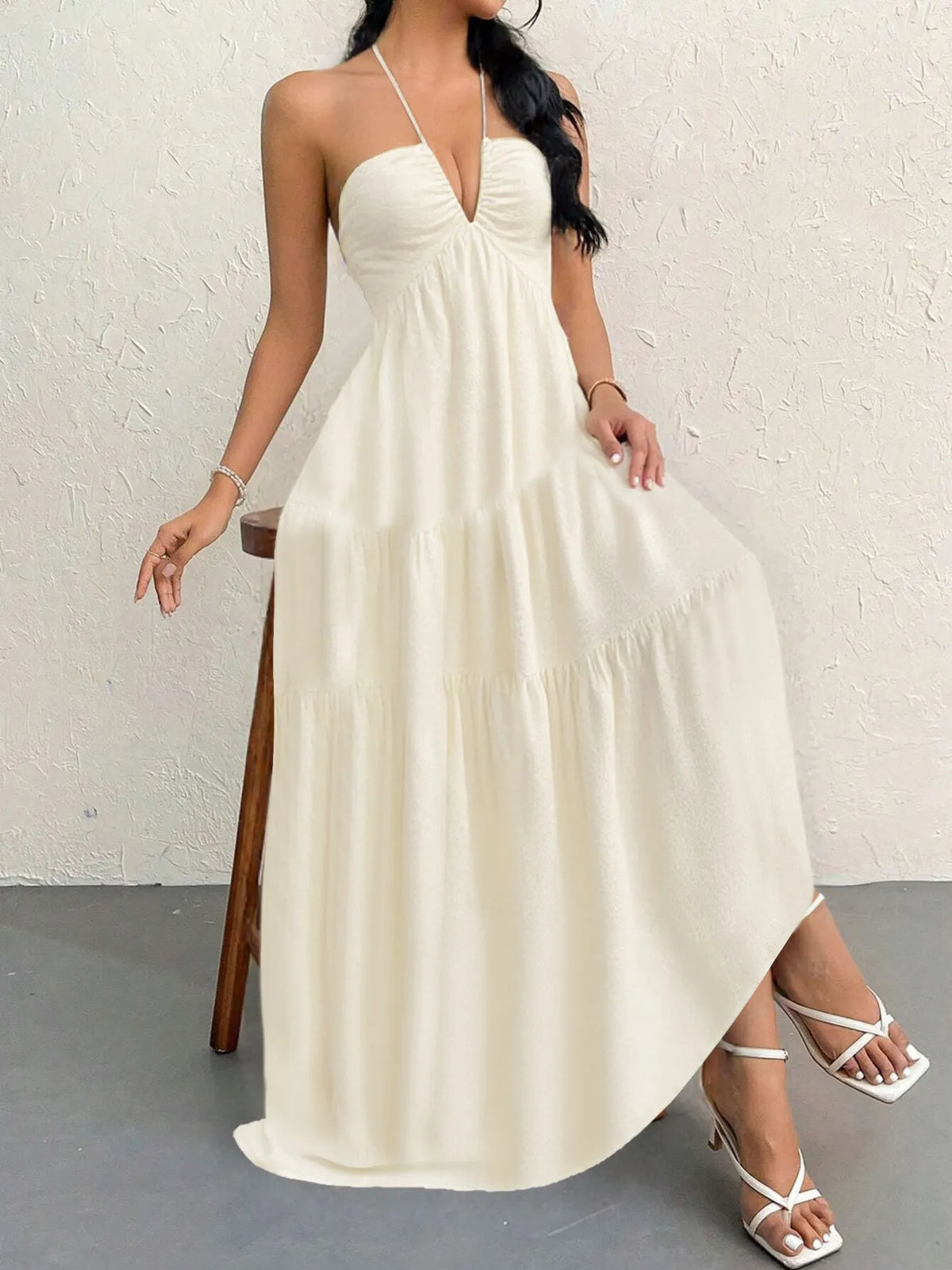 halter neck tiered backless maxi dress side view