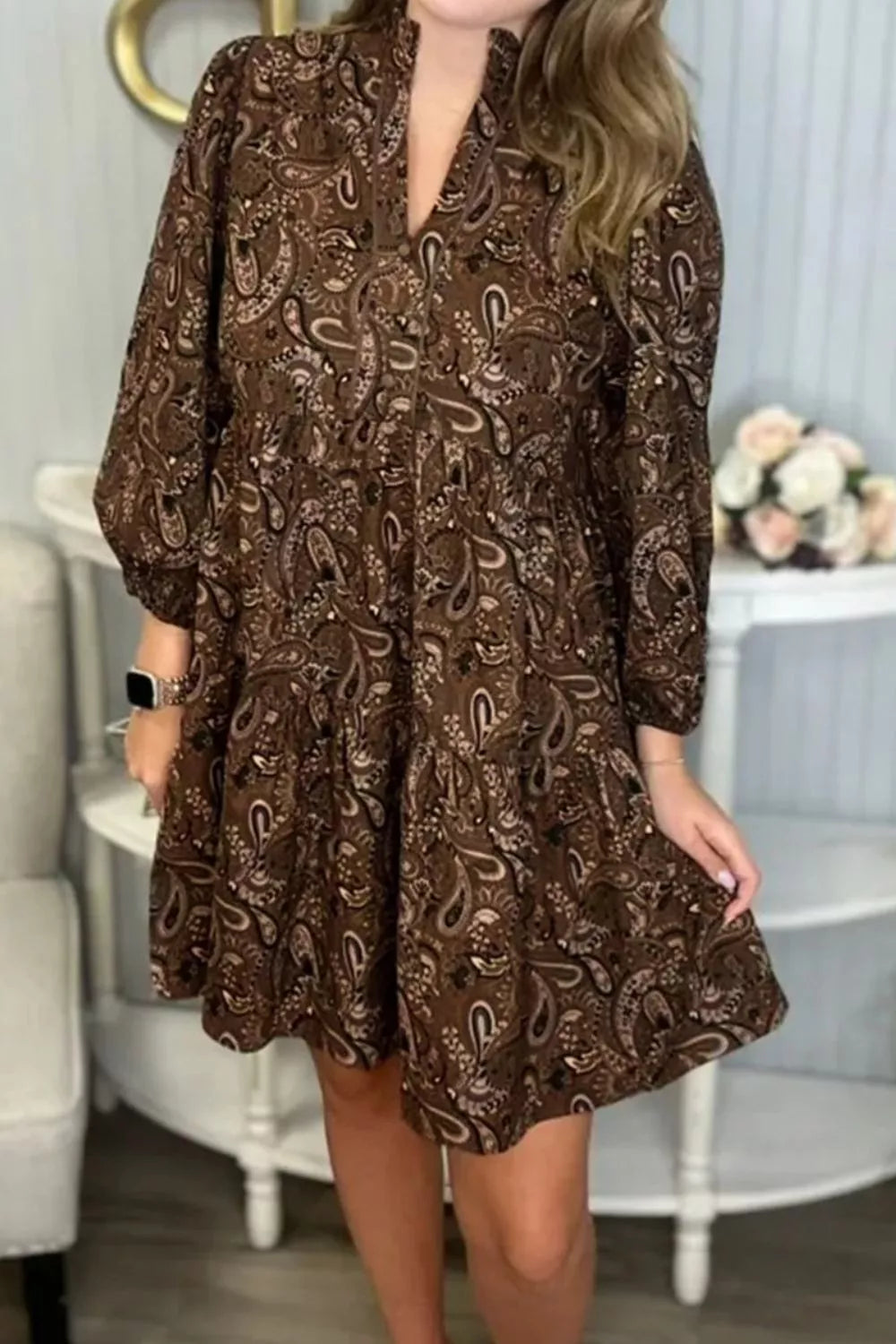 Taupe paisley mini dress notched neckline detail