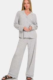 Zenana Button Down Long Sleeve Top and Pants Lounge Set Light Gray - Fashorio