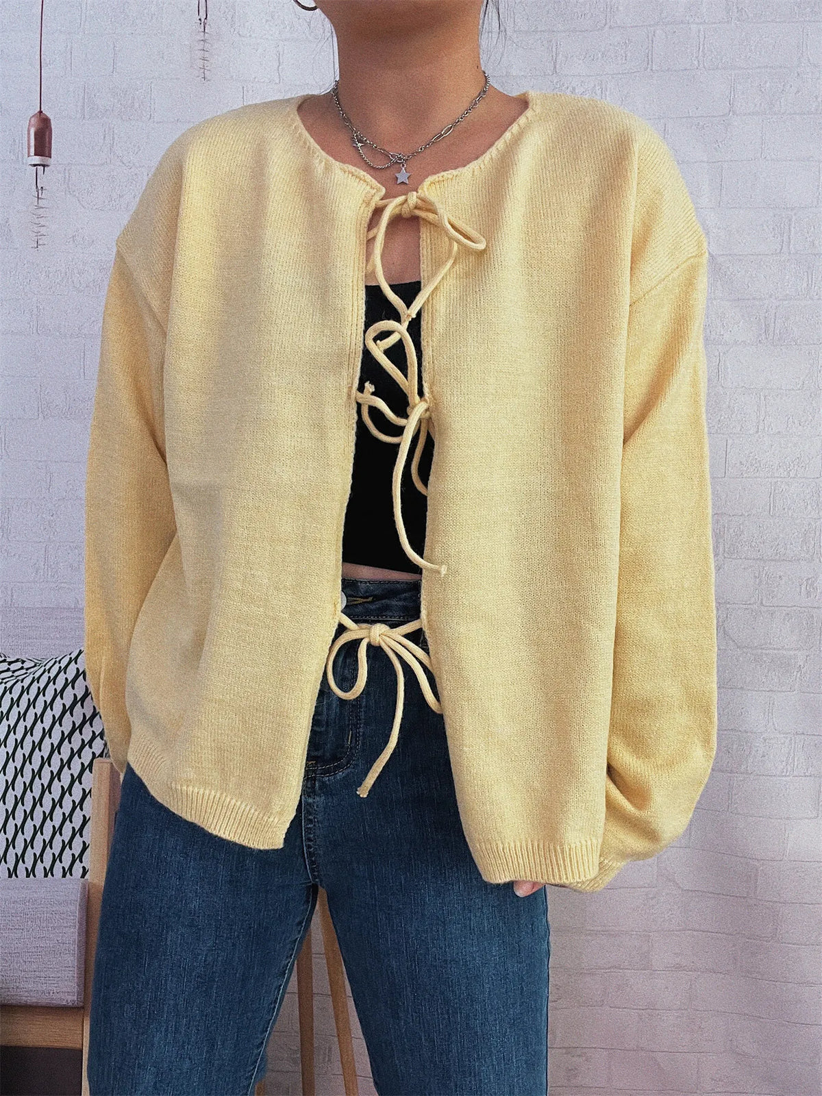 Tie front drop shoulder cardigan, knit texture detail