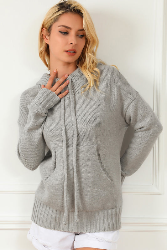 Drawstring Hooded Sweater with Pocket Light Gray - Fashorio
