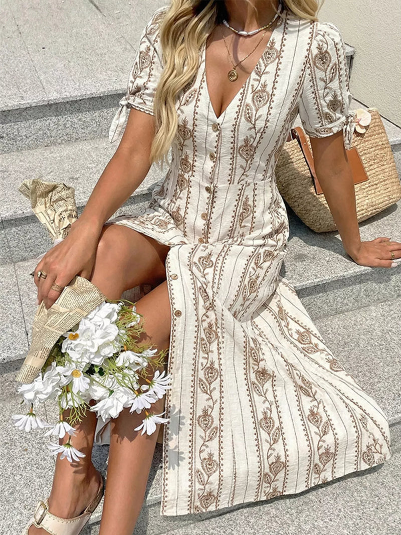 White printed button down midi dress front view