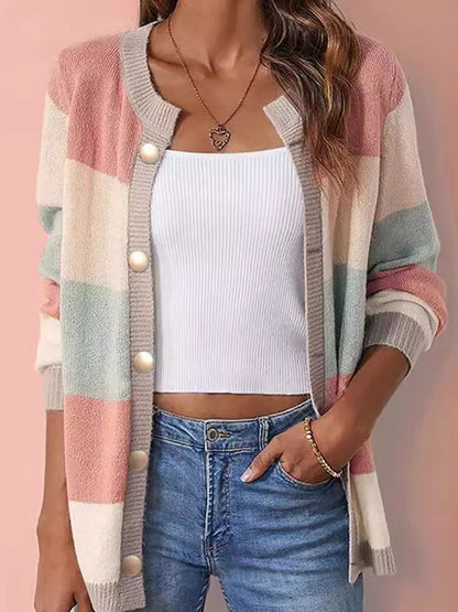 Color Block Button-Up Knit Cardigan - Fashorio